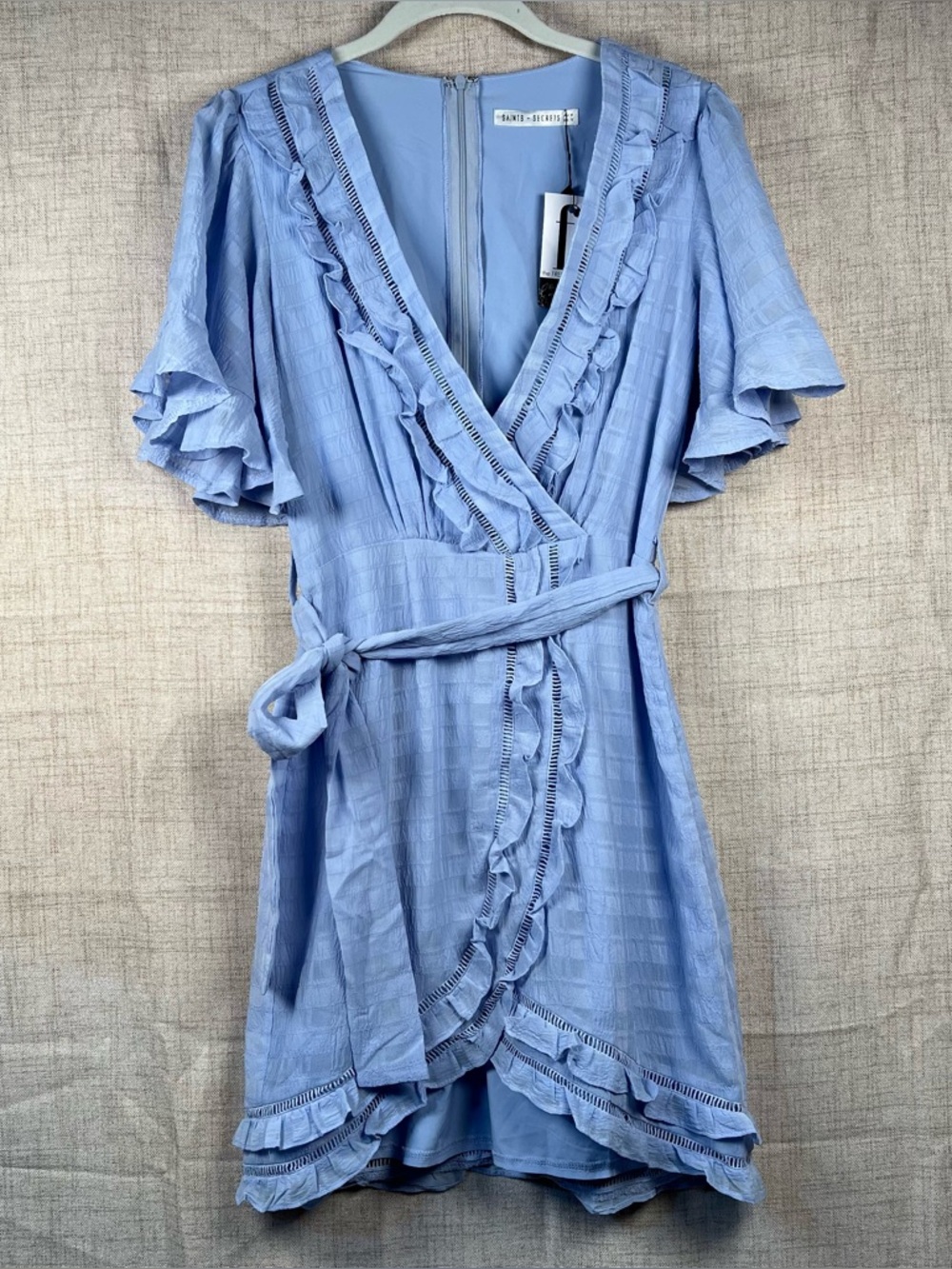 Saints‎ + Secrets Dress Blue Ruffle Short Sleeve V Neck Midi Women's Small